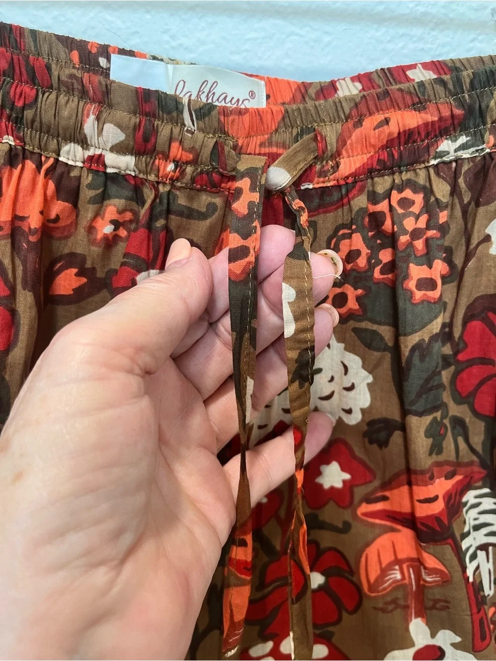 Fall Festive Wide-Leg Pants in Brown and Red Floral/Orange Mushroom Pattern